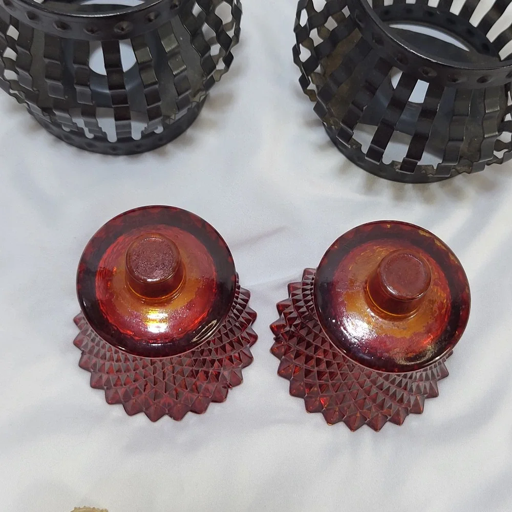Vintage Ruby Red Diamond Point Glass Peg Votive Candle Holders Metal Cage Set 2